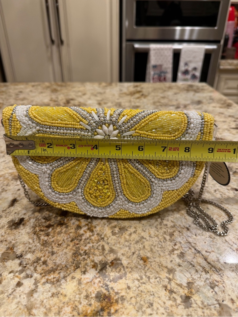 Elegant Beaded Floral/Lemon Slice Evening Clutch w/ Crossbody Chain - Picture 7 of 9